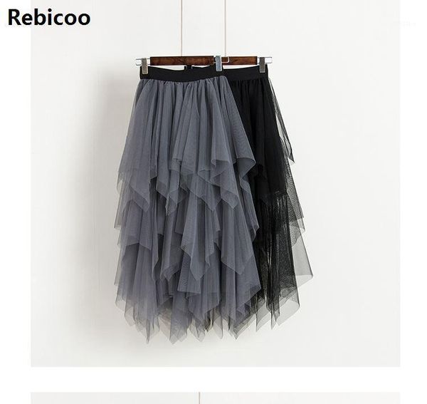 

skirts korean fashion long womens elastic high waist asymmetric tutu pleated mesh skirt midi tulle faldas mujer, Black