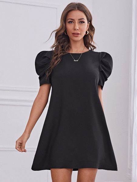 

puff sleeve keyhole back tunic dress o86z#, Black;gray