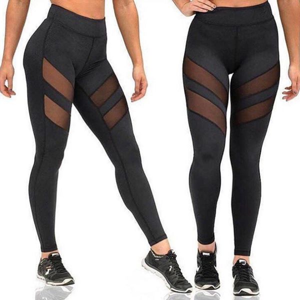 

yoga outfit mesh pants women leggings patchwork trousers black sportswear elastic workout fitness gym clothes