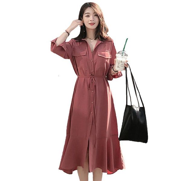 

summer vintage woman's solid-colored shirt plied dress 2021 elegant thin woman midi dressed in pocket d107 hfzo, Black;gray