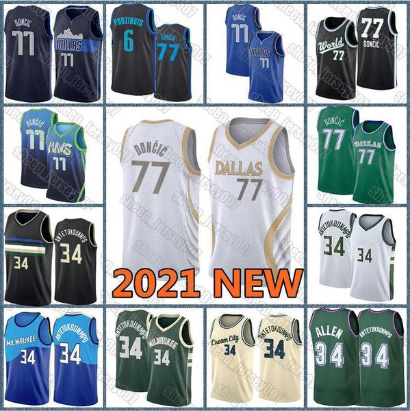 

new 77 doncic giannis 34 antetokounmpo retro jersey ray 34 allen luka 2021 city kristaps 6 porzingis dirk 41 nowitzki basketball jerseys, Black;red