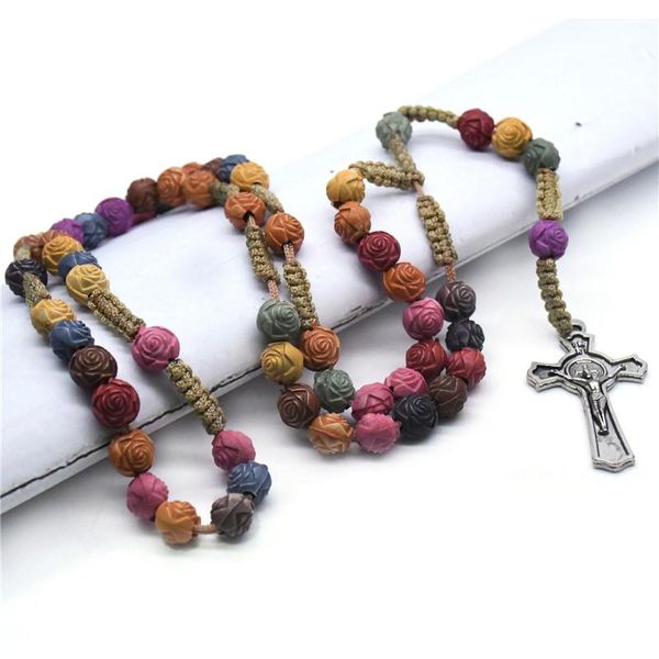 

pendant necklaces rose bead colored cross rosary necklace christ jesus religious handmade christian prayer jewelry, Silver