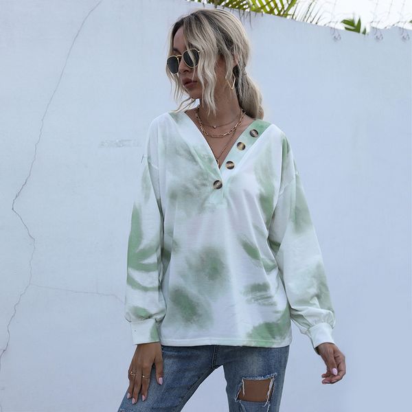 

2021 new design tie-dye gradient printing women autumn winter casual v-neck button loose long sleeve t shirts stylish lmki, White