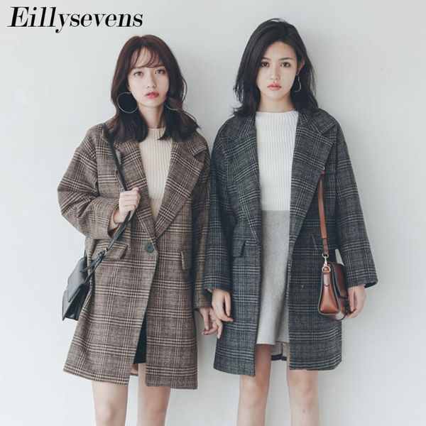 

women's wool & blends long plaid coat women autumn winter 2021 casual outerwear korean vintage loose button female classic tunic ladies, Black