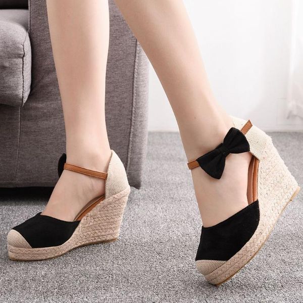 

sandals wedges heel mary jane high round toe bow with platform, Black