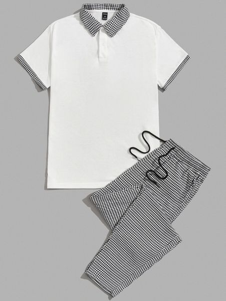 

men houndstooth print polo shirt & drawstring waist pants set v3va#, Gray