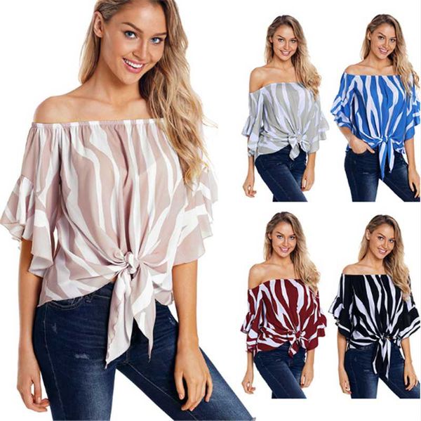 

u women off shoulder vertical stripe blouse print slash neck half sleeve street tunic lady loose outwear female clothes, White