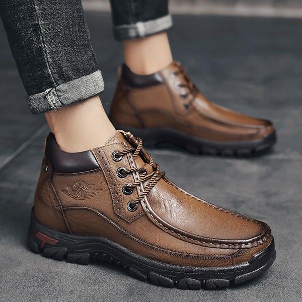 

boots shoes men genuine leather ankle autumn winter comfortable high nature working lace-up casual, Black