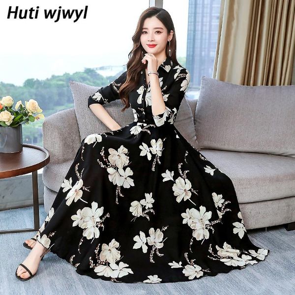 

casual dresses korean floral chiffon midi dress 2021 autumn plus size long sleeve women vintage bodycon party black maxi vestidos, Black;gray