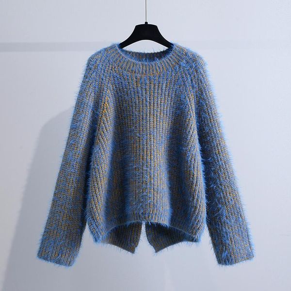 

women's sweaters fleece fur knitted women sweater pullovers autumn winter 2021 blue loose long-sleeved thicken warm female pulls, White;black