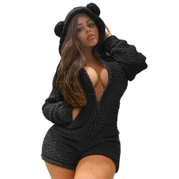 Winter Teddy Orelha Bonito Sleepwear Onesies Mulheres Sexy Senhoras Pelúcia Espessada Kawaii Capuz Pijama Homewear Quente Jumpsuit Nightgown 210709