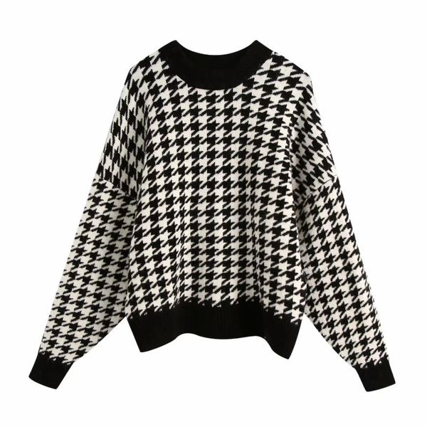 

women's sweaters women houndstooth knitting loose sweater casual femme o-neck long sleeve pullover high street lady sw898, White;black