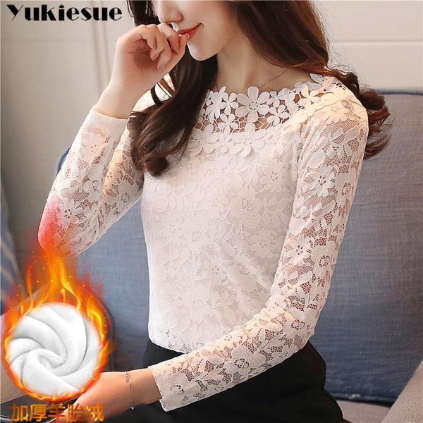 

fashion winter warm thick long sleeve women shirts lace blouse shirt slim elegant plus size hollow lace shirt women, White