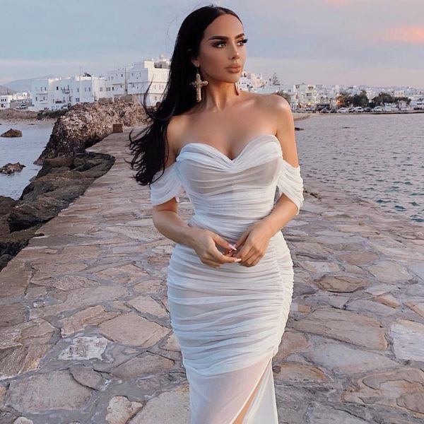 

casual dresses 2021 season one-shoulder mesh waist split dress party elegant by the sea women, Black;gray