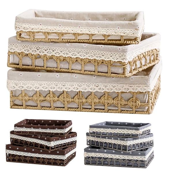 

storage baskets 3pcs deskbasket woven straw sundries toy box container kitchen organizer