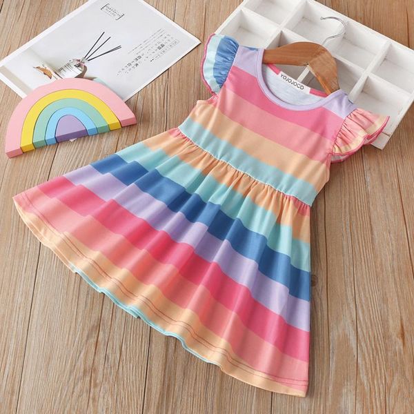 

yojojoco summer girl rainbow striped sleeve dress princess dresses flower kids dresses fashion birthday party costume, Red;yellow
