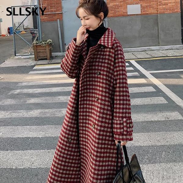 

women's wool & blends sllsky elegant plaid women woolen coats 2021 autumn fashion turn-down collar ladies double breasted female long o, Black