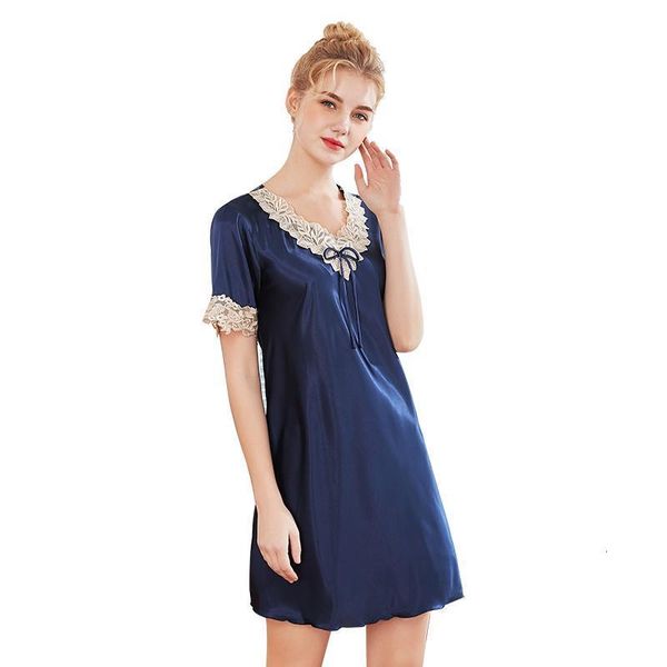 

silk nightgown for women embroidery short sleeve shirt summer night dress sleepwear casual home clothes nightie, Black;red