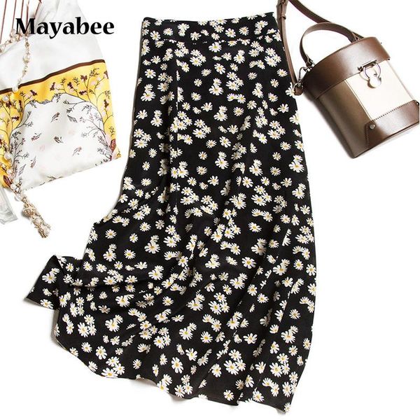 

skirts 2021 spring and summer product re california blogger with the same french retro daisy print silk skirt, Black