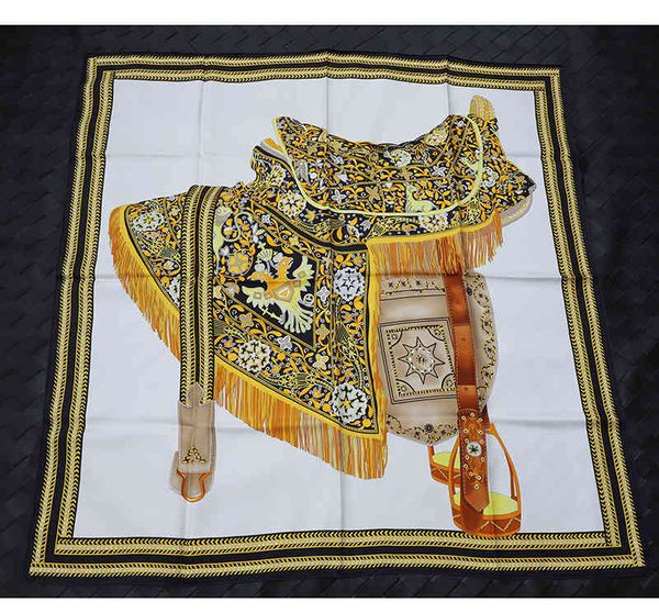 

saddle print 100% natural mulberry* 90*90cm designer silk scarf hand rolled edges foulard en soie luxe, Blue;gray