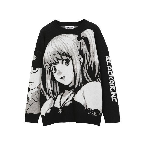 

men's and women's large knitted sweaters, casual wear, hip-hop style, animation girl, black fashion, harajuku, japan, 2021, White;black