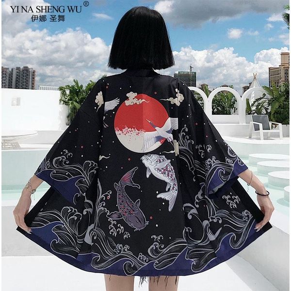 

ethnic clothing japanese fish print kimono cardigan harajuku traditional women cosplay yukata female obi black streetwear haori beachsafd co, Red
