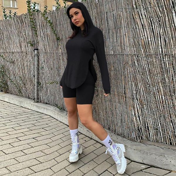 

women's tracksuits spring autumn tracksuit two piece set hooded long sleeve side split loose pullover + skinny biker short, Gray