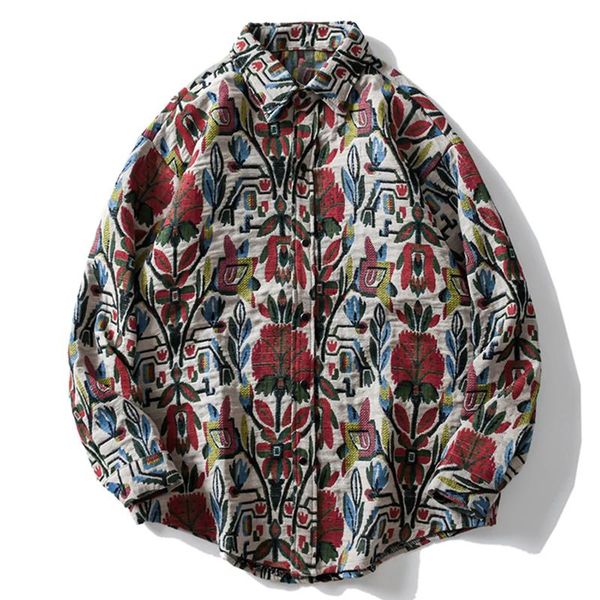 

men's casual shirts hip hop retro ethnic embroidery long sleeve shirt harajuku style knitted street button, White;black