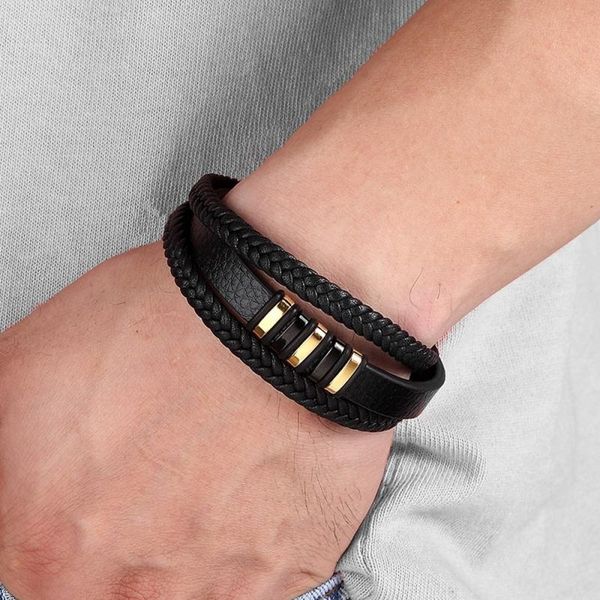 

charm bracelets men's minimalist black leather braided metal buckle bracelet fashion casual party jewelry gift, Golden;silver