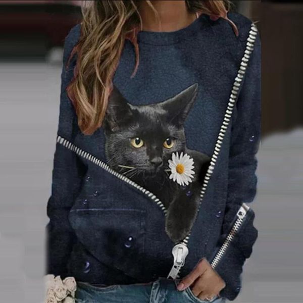 

women's blouses & shirts women sweatshirts 2021 spring blouse cat print cute long sleeve tee autumn casual o-neck loose pullover, White