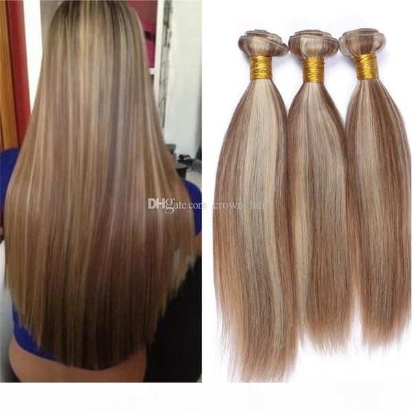 

light ash brown ombre brazilian virgin hair extensions silky straight 3pcs #8 613 mix piano color 100% human hair 3 bundles, Black