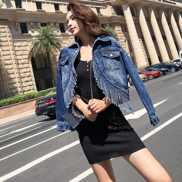 

women's jackets fringed denim half-length jacket 2021 autumn and spring coat female slim fit wild clothing blue, Black;brown