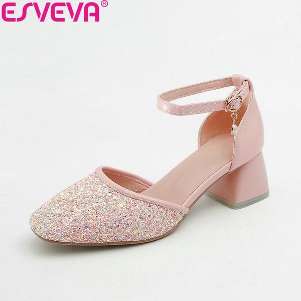 

dress shoes esveva 2021 women pumps high heels sweet style sequins pu square toe two-piece size 34-43, Black