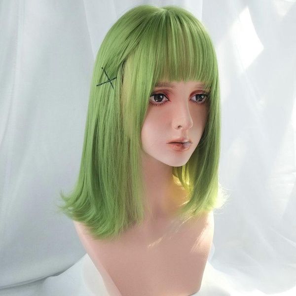 

synthetic wigs lanlan green wig lolita short bob and bangs cosplay straight hair women korean style, Black