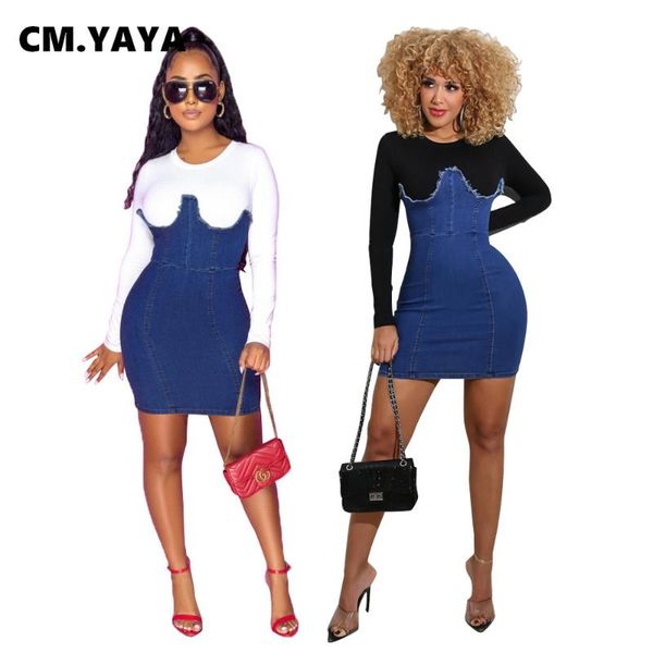 

cm.yaya denim patchwork bodycon dress for women streetwear midi dresses, Black;gray