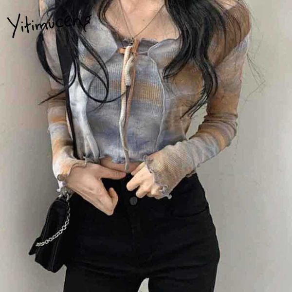 

yitimuceng 2 piece strapless and cardigan tees suit women tie dye skinny gray blue green spring summer fashion 210601, White