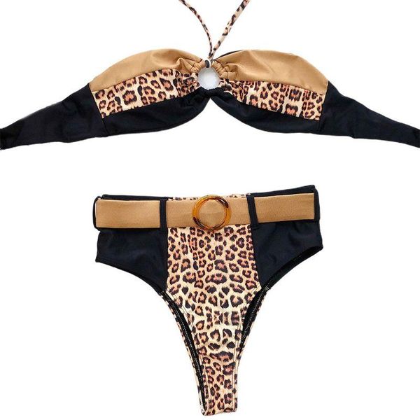 

women leopard patchwork bikini set halter ring swimsuit high cut beachwear