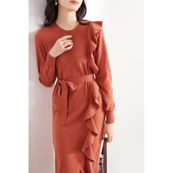 

casual dresses elegant ruffled asymmetric wool solid color dress women 2021 winter four-color women's, Black;gray