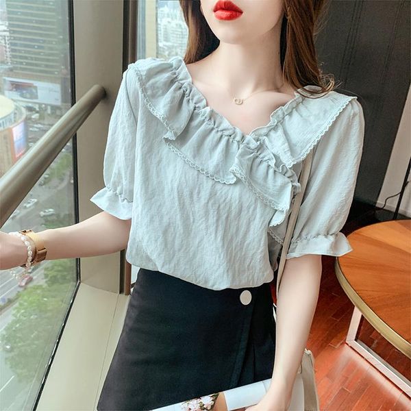 

women's blouses & shirts ruffled shirt women 's summer thin 2021 loose fashion small western style puff sleeve top, White