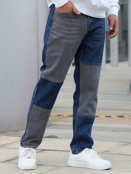 

men colorblock slant pocket jeans s40l#, Blue