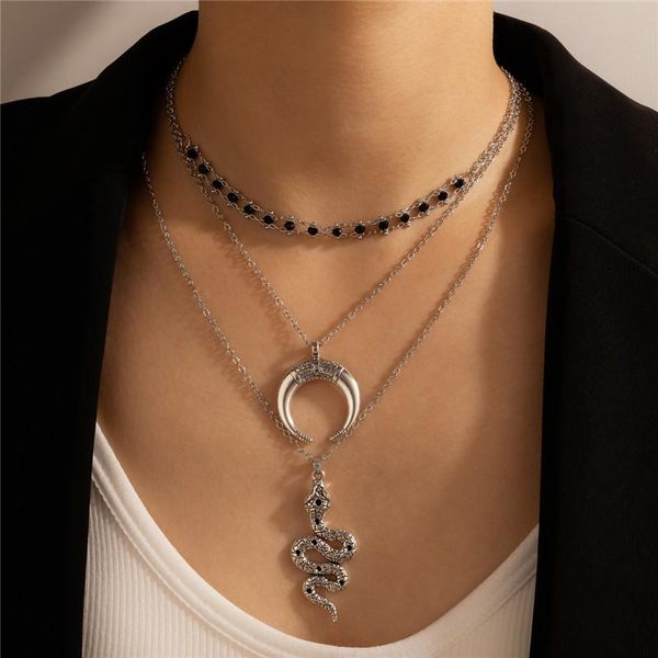 

pendant necklaces huatang vintage silver color crescent snake necklace for women multilayer black crystal chains chokers female jewelry
