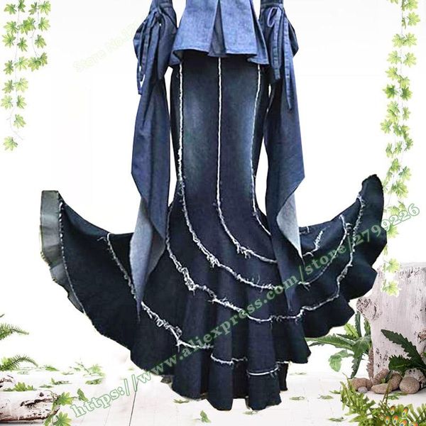 

skirts 2021 spring female  retro vintage denim stitching fishtail wrap ruffle jeans woman maxi long ladies skirt for womens, Black