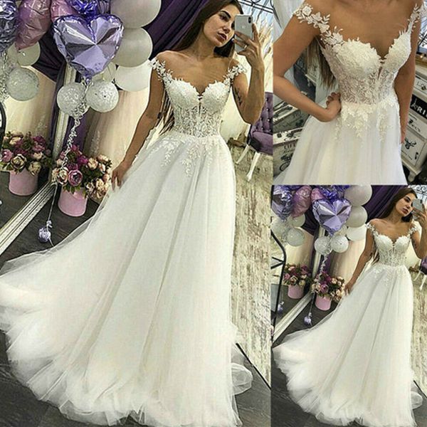 

illusion scoop neck tulle wedding dresses lace appliques a line beach gowns, White
