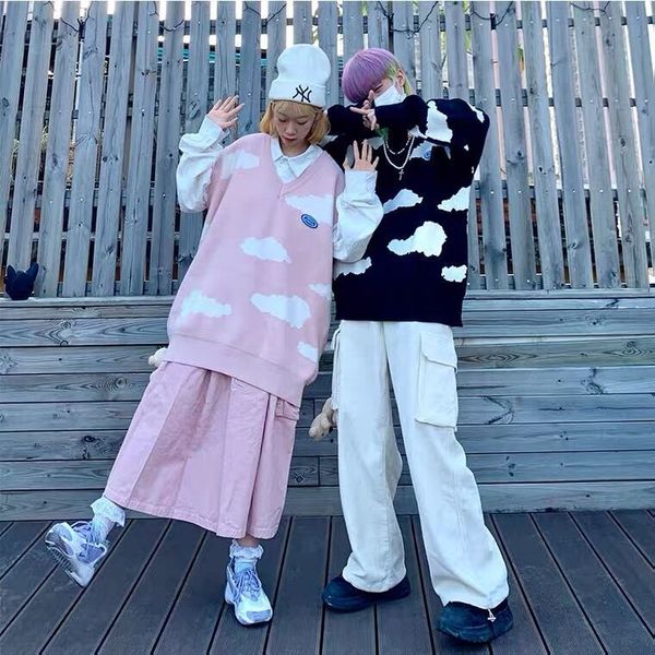 

hip hop new jumper vest men harajuku streetwear cloud pattern knitted sweater non-sleeve women 2021 winter autumn sleeveless 0426, White;black
