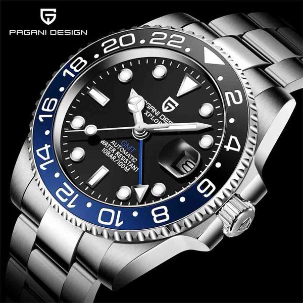 

pagani design luxury men mechanical wristwatch stainless steel gmt watch brand sapphire glass watches reloj hombre 210609, Slivery;brown