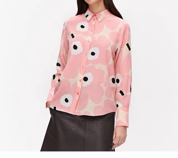 

100% silk spring summer 2021 new women nordic style fashion print simple elegant finnish suower shirt lgnb, White