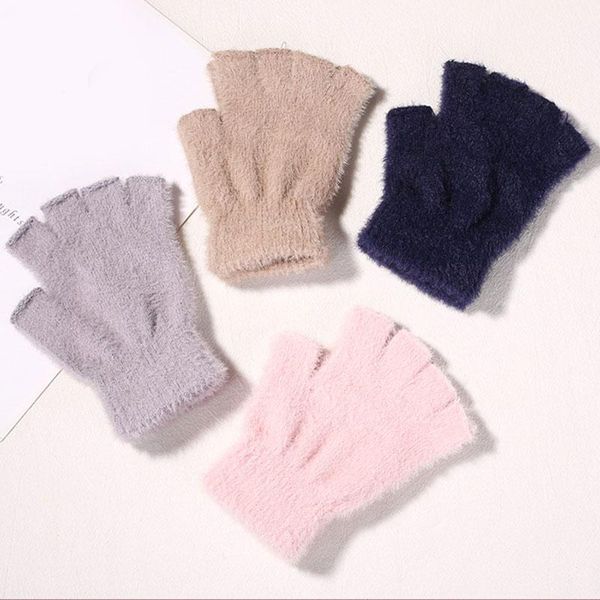 

five fingers gloves women winter mink cashmere solid color warm soft half-finger mittens wrist warmer short knitted fingerless, Blue;gray