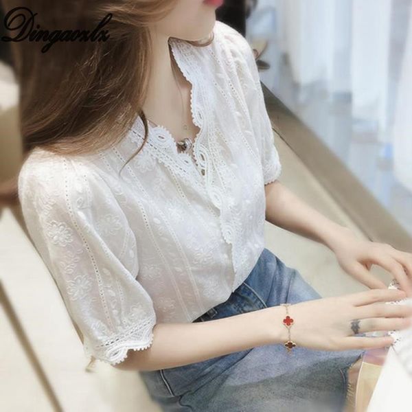

2021 summer white chiffon shirt new v neck lace blouse short sleeve women clothing elegant female
