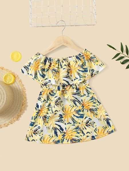 

baby tropical print off-shoulder ruffle trim dress she, Red;yellow