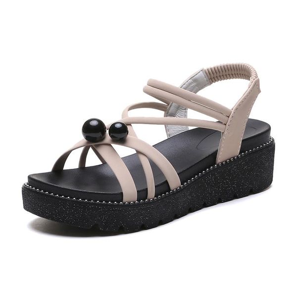 

sandals 2021 summer women's shoes slip-on solid platform round toe fashion sweet med heels flat non-slip, Black